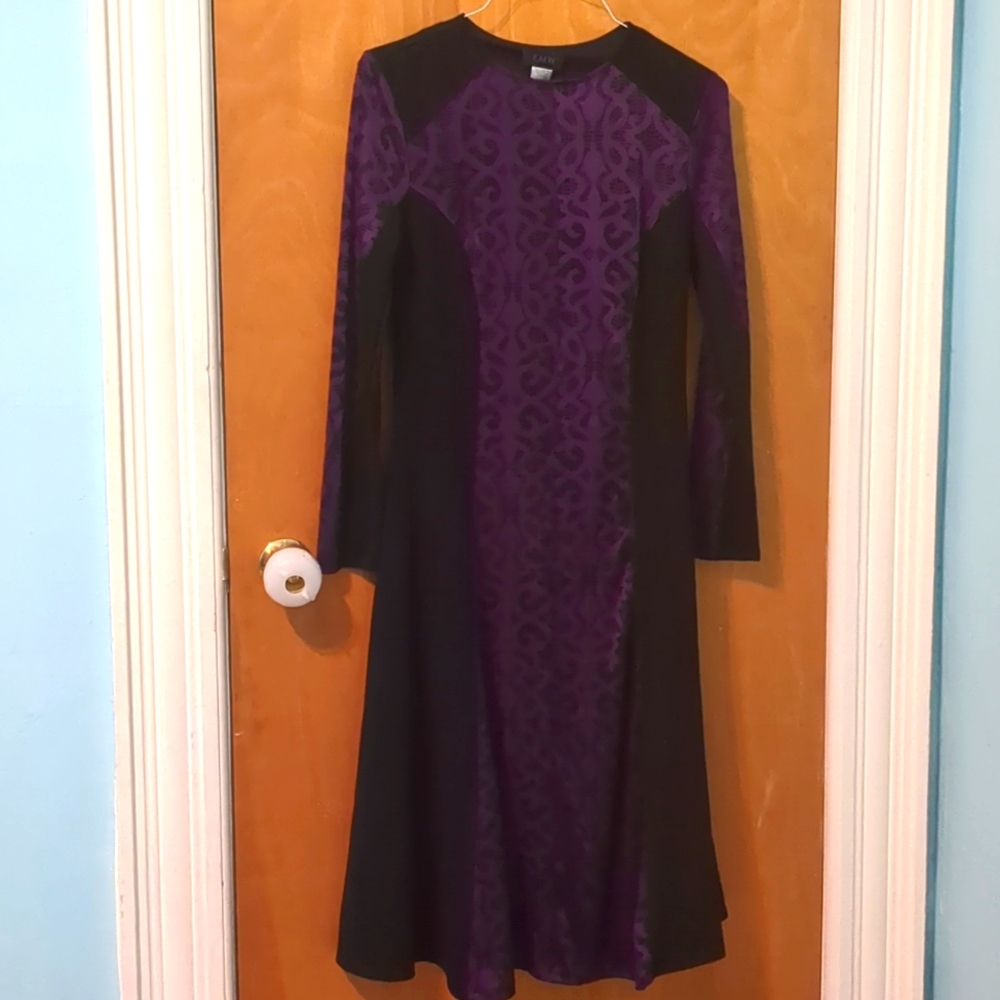 KMW long sleeve midi dress, black with purple and black print, NWT, medium